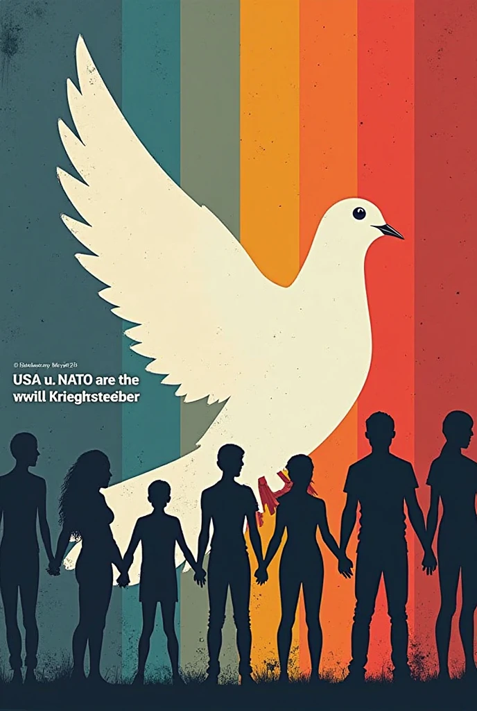 Peace poster for Lions International showing the flags of the countries, white dove of peace, Handshake, SDGs panel...