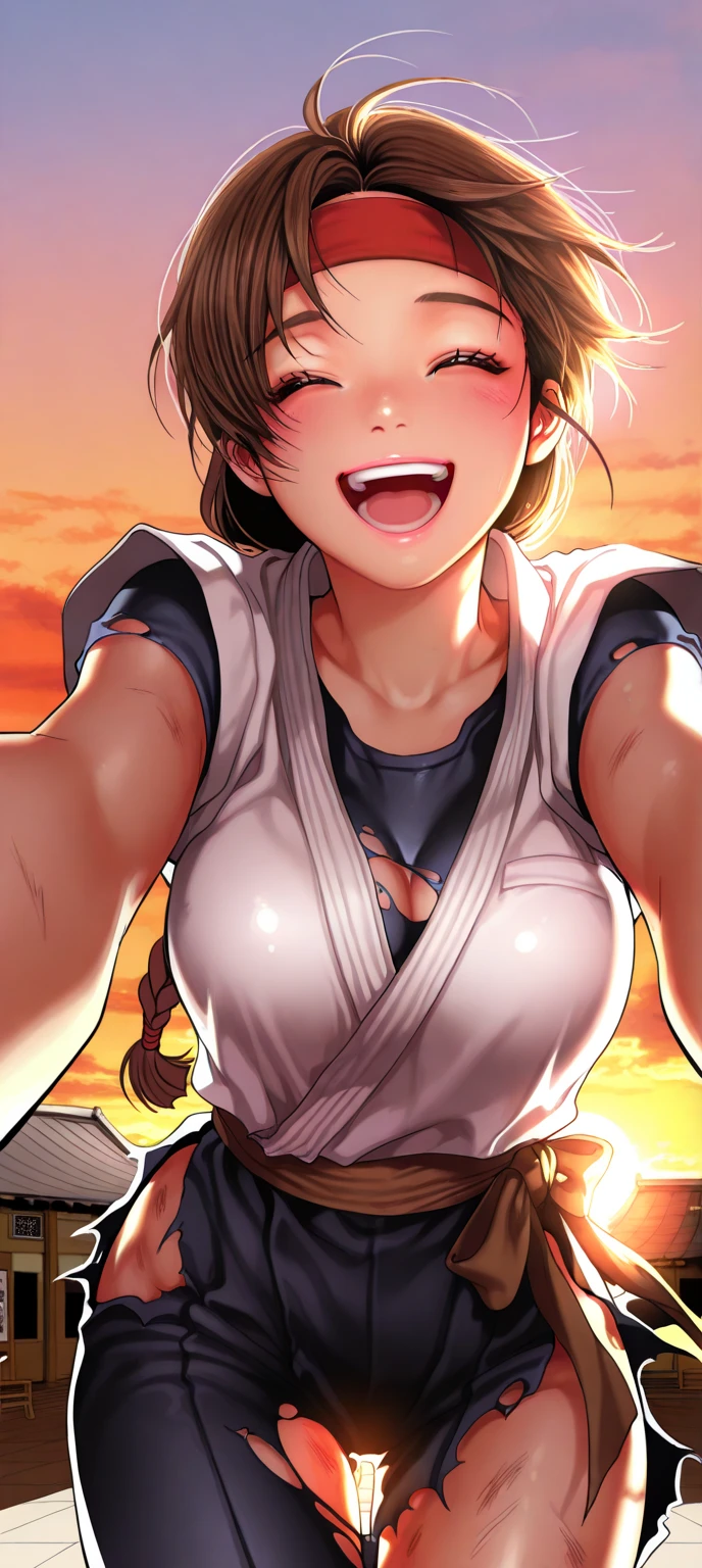 a picture, inspired by Kentaro Miura, trending on pixiv, gold ship from uma musume , wearing a low cut croptop, wearing croptop, croptop, golden raito, (winking), large)}], favorite scene, fine details. anime. skins, sweating, big breasts, both hands raised, armpits, armpits visible, dripping with sweat, more more sweat, sweaty armpits, smile