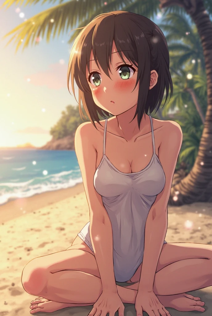 topless, large nipples, nipples, girl in pink pants standing on balcony overlooking beach and palm trees, standing near the beach, full figure, standing beside the ocean, puffy nipples, near the beach, standing at the beach, posing on a beach with the ocean, looking out at the ocean, ocean in the background, vacation photo, small breasts, brown hair, green eyes, shoulder length hair, teen, petite body, narrow waist, child, railing, pink jogger pants, beautiful eyes, detailed eyes