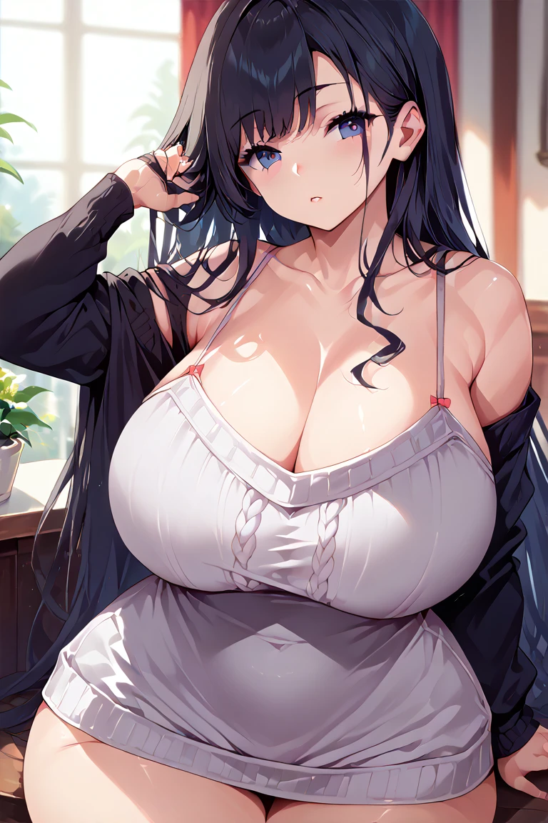 (master piece,best quality,high resolution,ultra-detailed,beautiful detailed face,sparkling eyes),(upper body),(Beautiful eyes),arms up behind,((naked)),naked,(Sit down!),(Plump body),((Fluffy black sweater:1.5)),((Fluffy black sweater:1.5)),(necklace),((huge heavy chest:1.5)),((huge heavy chest:1.5)),((垂れ下がったHuge breasts:1.5)),((垂れ下がったHuge breasts:1.5)),((Fluffy wolf ears:1.5)),((Big wolf ears:1.5)),((Big wolf ears:1.5)),(Black wavy hair,Messy Hair:1.3),Black hair long wavy hair,((Fluffy hair)),Fluffy hair,(blush),((Red Eyes:1.5)),((Pink areola:1.5)),((Big areola:1.5)),((Large areola:1.5)),Large areola,((Large areola:1.5)),((立派なLarge areola:1.5)),((Attractive areola:1.5)),((plump areola:1.5)),((Big Tits,Big Breasts,Huge breasts,Showing off her breasts,Showing off her ,nakedの胸,nakedのおっぱい:1.5)),Beautiful nipples,((Spread your legs as far as you can)),((Boldly open your thighs:1.5)),((Boldly spread your legs)),((Ordered to open her legs)),((Showing off your crotch)),Showing off your crotch