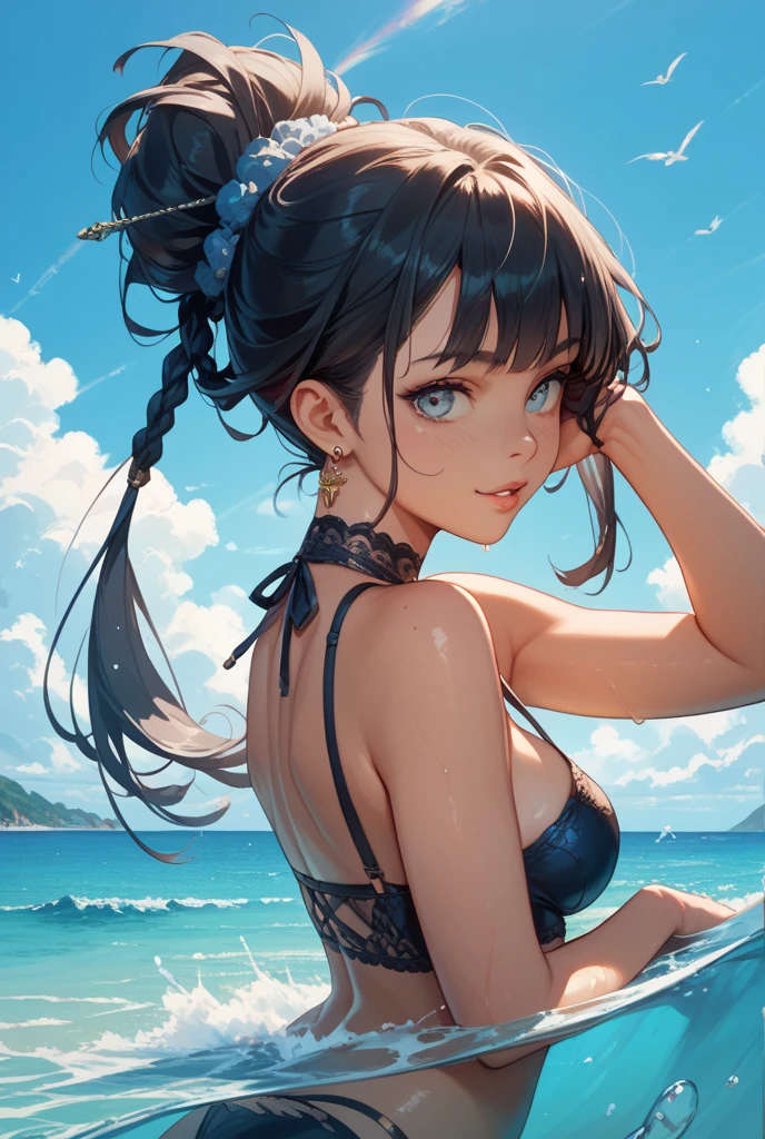 (highest quality:1.4)、High resolution、detailed background)、(detailed beautiful face:1.4)、detailed facial expressions、(anatomically correct)、(huge breasts:1.3)、attractive ass、cute hair color、realistic、perfect body line、thick thighs、healthy、emphasize the buttocks、
To add sexiness to the hairstyle, we will incorporate wet looks, side parts, and voluminous styles.、
It is also effective to add accents with hair accessories or hairpins.、
((Close-up from a low angle:1.5))、(Super close-up shot from directly below:1.3)、Beautiful teenage swimmer、
Choose swimwear that is fitted and revealing, such as backless or high-cut swimwear.、
The deep V-neck and cut-out design also add a sexy touch.、
Choose a cap with a simple design and small jewels or lace embellishmentatch your swimsuit with a beach volleyball or shell necklace、Add accessories such as anklets to make you look sexy.、cute
