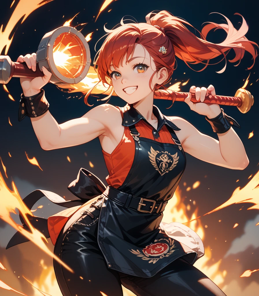 A female pirate blacksmith, cosmic future aesthetic, fiery red and yellow hair, strong body, tan skin, metal prosthetic arm, arrogant thug, smoking a cigarette