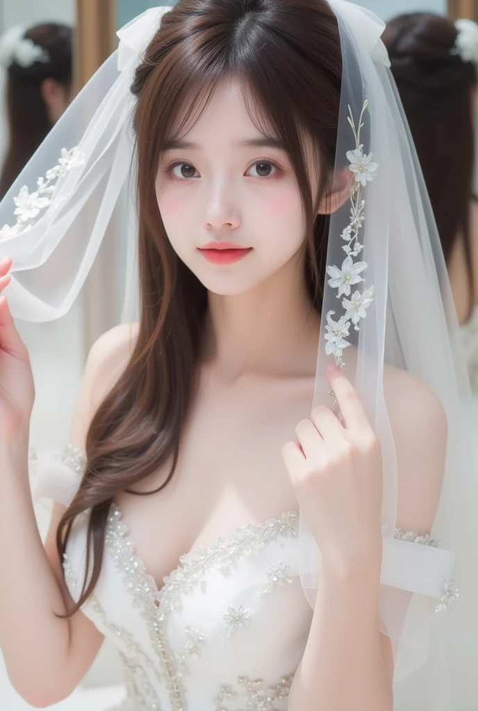 8k,Highest quality,(masterpiece:1.2),(Realistic),(Realistic:1.37),Ultra-high resolution,1 female college student,city,smile,Beautiful Eyes,Wedding hall,(((Wedding dress))),Big Breasts,Perfect body,Perfect Fingers,Professional Lighting,gravure,Detailed face and skin texture,fine grain,RAW Photos