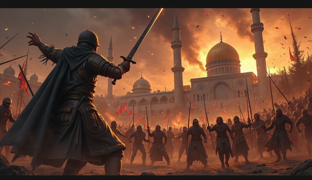 Destruction of Jerusalem in the siege of 70 A.D. in comic cartoon, dramatic effects, flames, houses being destroyed, people fleeing, many dead, soldiers with spears