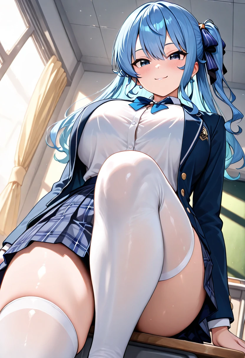 aqua \(konosuba\), long hair, hair ornament, very long hair, hair rings, hair bobbles, single hair ring, blue hair, blue eyes,garter straps, earrings, 1girl, jewelry, thighhighs, gloves, breasts, solo, skirt, white gloves, gñdesk, glasses, bra, garter belt, cleavage, white legwear, suit, looking at viewer, chalkboard, pencil skirt, miniskirt, parted lips, Lying down on desk, underwear, indoors, large breasts, formal, cum on face, cum excessive cum On body, anus, licking, licking cum, licking lips, NUDES cum on body, cum on face, cum on Nipples , cum on breast, licking breast