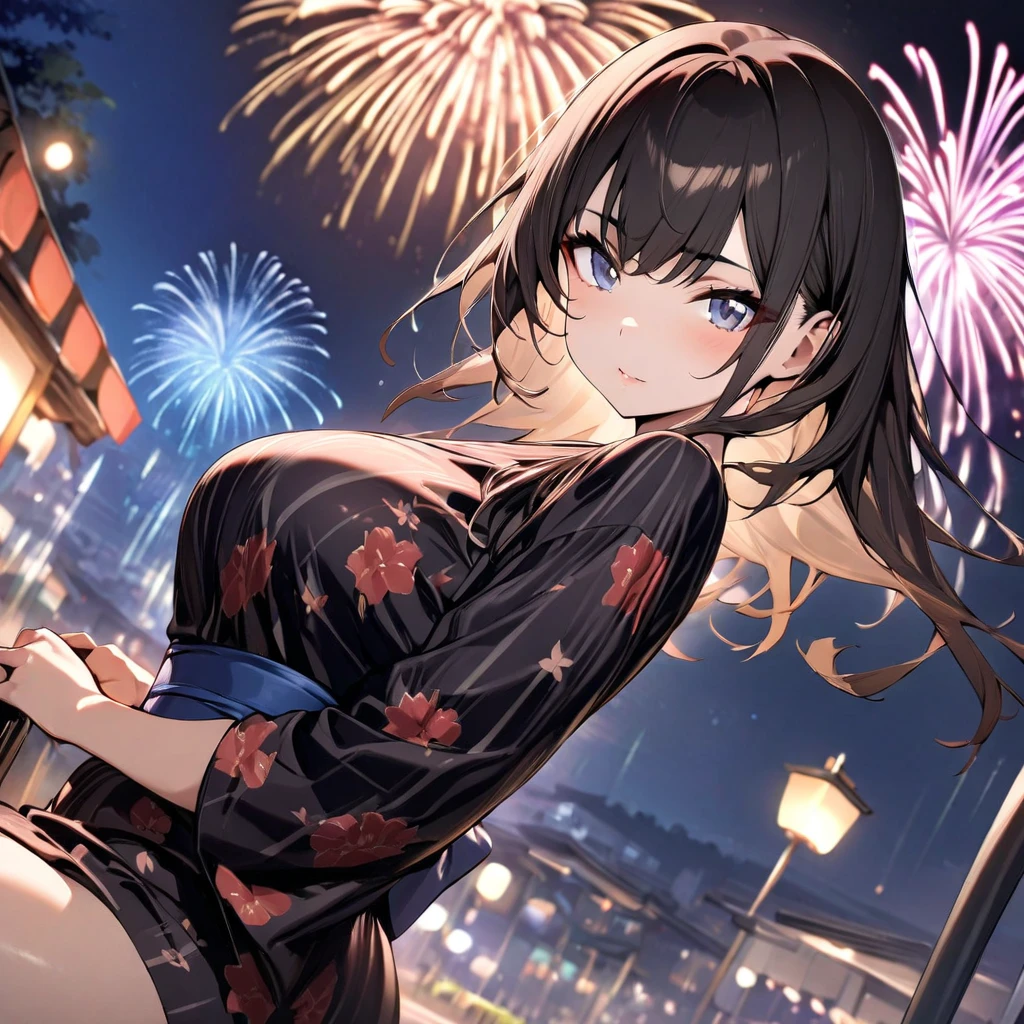masterpiece, best quality, extremely detailed, (pastel), 8k cg wallpaper, stunning art, absurdres, a lady, very beautiful face, black long hair, beautiful hair, fluttering hair, yukata, bent over, grabbed handrail, look back, nsfw, POV, (hetero), (motion blur of intense sex from behind:1.3), doggy style, vaginal penis, (orgasm), open mouth, fireworks, viewer is standing, cowboy shot, from above, at higher place of mountain,