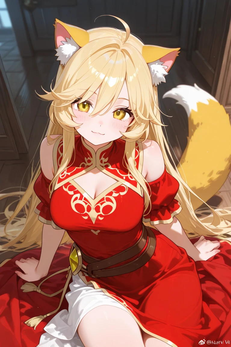 highest quality、Big Breasts、Cleavage、Fox ears、Long blonde、Red Eye、kimono、smile、Japanese-style room