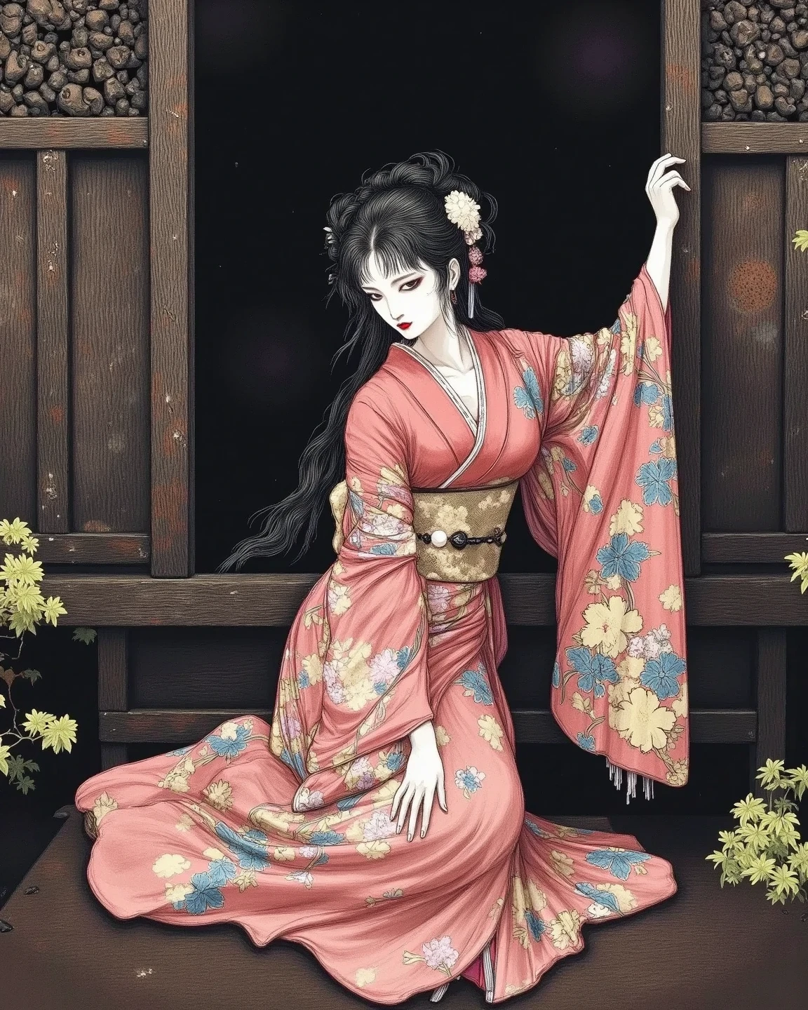 A woman in a kimono coming out of an old Japanese temple、solo、 anatomically correct 、dark eyes、black hair、Unusual Suspicious Expression、Beautifully illustrated fingers、best quality、high image quality、masterpiece、high precision