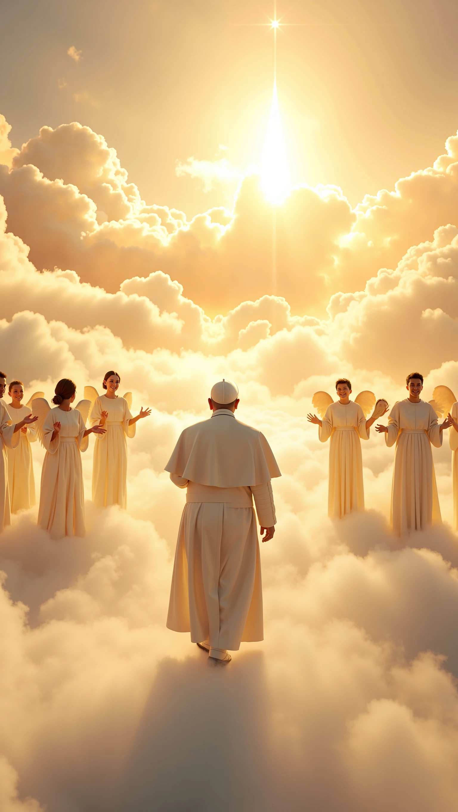 A realistic and celestial scene of Pope Francis walking toward a group of radiant angels in the clouds, bathed in warm, divine golden light. The angels are glowing softly, some with open arms, welcoming him with serene smiles. The sky is ethereal with soft clouds and a heavenly aura. Highly detailed, photo-realistic style, peaceful and sacred atmosphere.