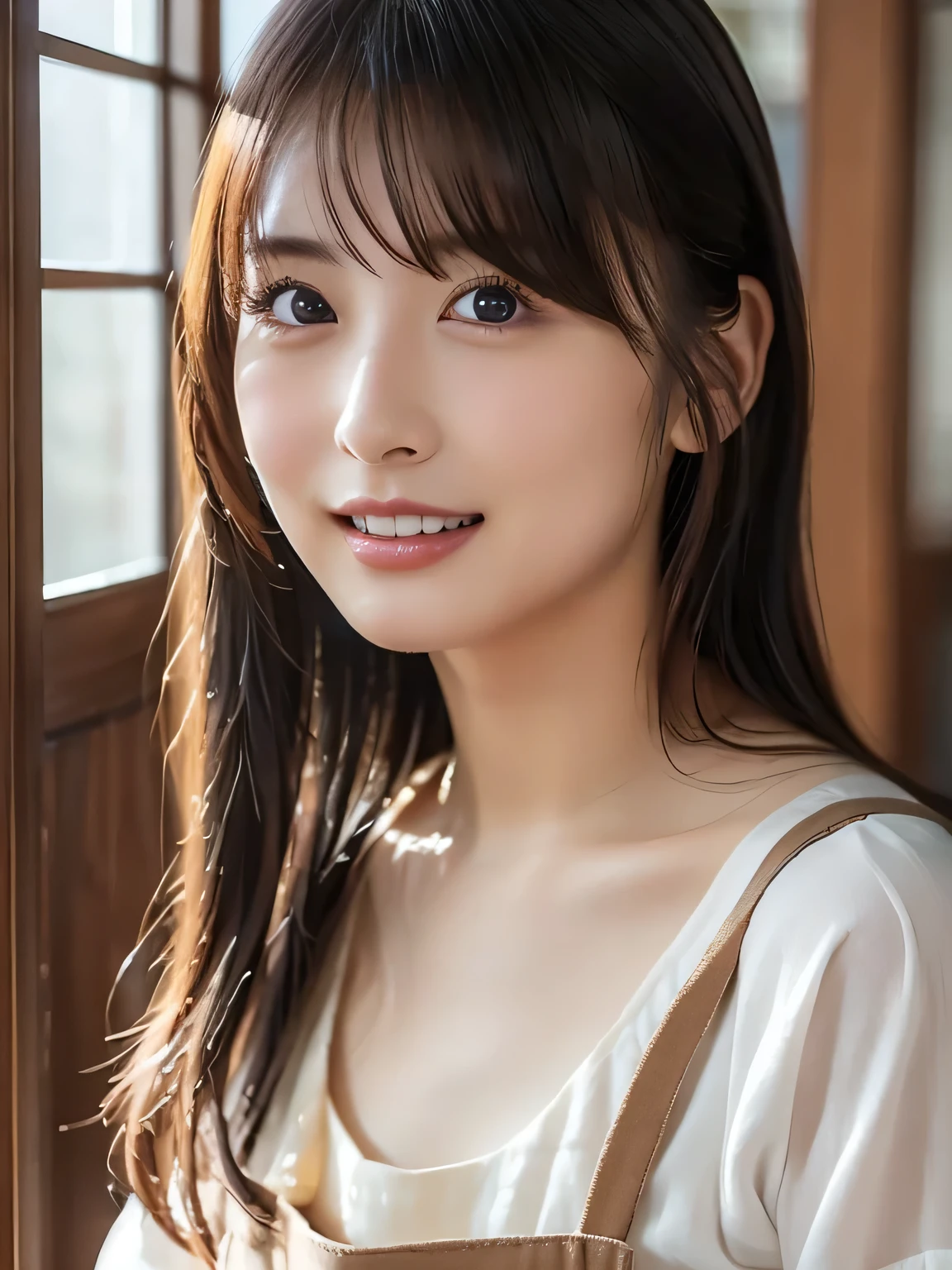 (best quality、Table Top、8k、best image quality、超A high resolution:1.5, (Photorealistic:1.4),masterpiece:1.2,(top-quality:1.4)、Raw photo)、Woman working at a cafe、The perfect brown apron、A classy shirt and apron、(highlight your body line:1.1)、portrait of a beautiful woman、most elegant and cozy cafe、The most natural cafe, Perfectly organized、Most Ambient Warm Lighting、stylish and elegant cafe、 Strongly blurred background 、 look at me and laugh、super high resolution perfect and beautiful teeth、Ultra HD beautiful face、ultra HD hair、Ultra HD The Shining Eyes、The Shining, Super High Quality Beautiful Skin 、Super High Quality Glossy Lips 1 Beautiful Girl、Japanese idols、30 years old、are beautiful in every detail and have an eye for detail、detailed face、beautiful skin、slender、Surimi Waist、thin legs、 Glamorous Hairstyles :1.3、cafe clerk 、smile:1.2、、1a japanese girl、Cute、 (RAW Photo:1.2), (photorealistic:1.4), beautiful detailed girl surrounded by thugs, Very Well Detailed Eyes and Face