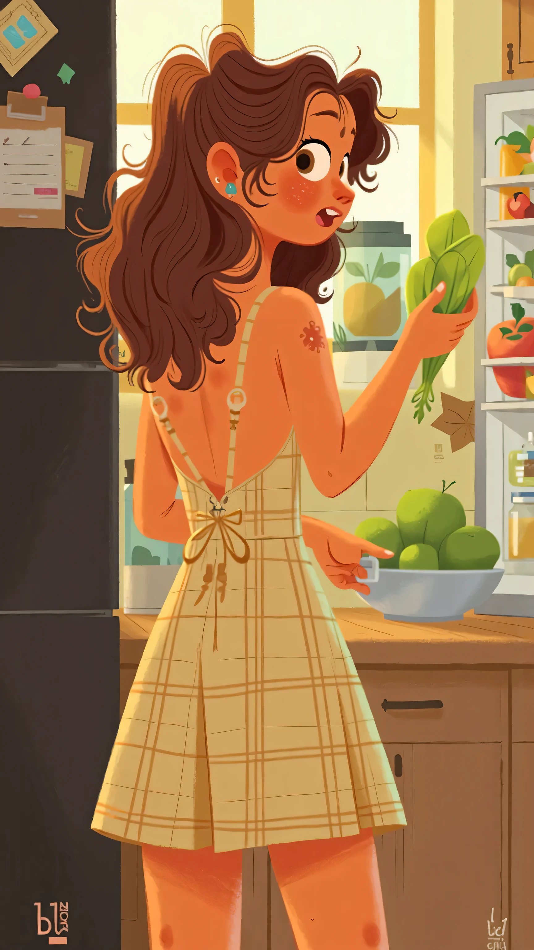 panoramic， frontal footage ，A stylish and elegant young woman（has long brown wavy hair that is naturally flowing，Brown eyes， yellow skin），wearing a sleeveless strappy sexy light beige plaid dress，Back to camera，holding a lettuce in his hand。The refrigerator is full of containers、fruit and fresh vegetables。The kitchen is softly lit，风格Simplicity heartwarming。On the left is a black refrigerator，with notes and magnets on it。The picture creates calm、 heartwarming的家居氛围，highlights the character's relaxed everyday time。--Style：2d illustration ， heartwarming，Simplicity，Home Style。
