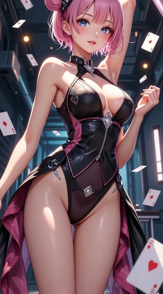 gwen tennyson,jinx,tracer,y'shtola rhul,rebecca chambers,nier automata,overwatch,close up,mecha pilot,casino view,tattoos,pink and silver plugsuit,white short sleeve top,white lycra micro shorts,garter belt,uncovered belly,short hair,cute makeup,green eyes,dimensional golden hair,shy smile,freckles,beautiful girl,large breasts,8k,ultra detailed,realistic,fantasy art,cyborg armor,bunny suit,waitress uniform,ear piercings,saiyan girl,saiyan female,white short sleeve bunny jacket,show stage,