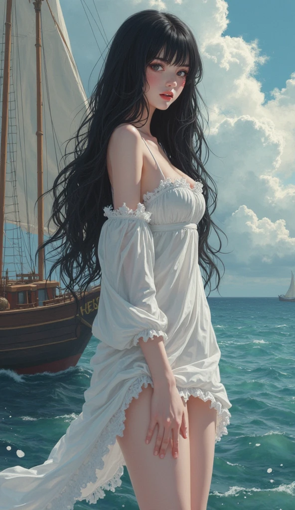 painting of woman, figurative art, intense watercolor, watercolor detailed art,Beautiful and expressive paintings, Beautiful artwork illustration, wonderful, cool beauty, highest quality, official art, perfect composition,perfect angle, best shot, women only, sharp outline, Mysterious, nostalgia, romantic, fantasy, The blurred boundary between past and present, Eyes without pupils, colored eyes, ideal animation, In search of lost time, long curly windblown hair, sentimental, Paris in the first half of the 20th century, Full body, big Breast, visible nipples, visible hairy pussy, beautiful nude.