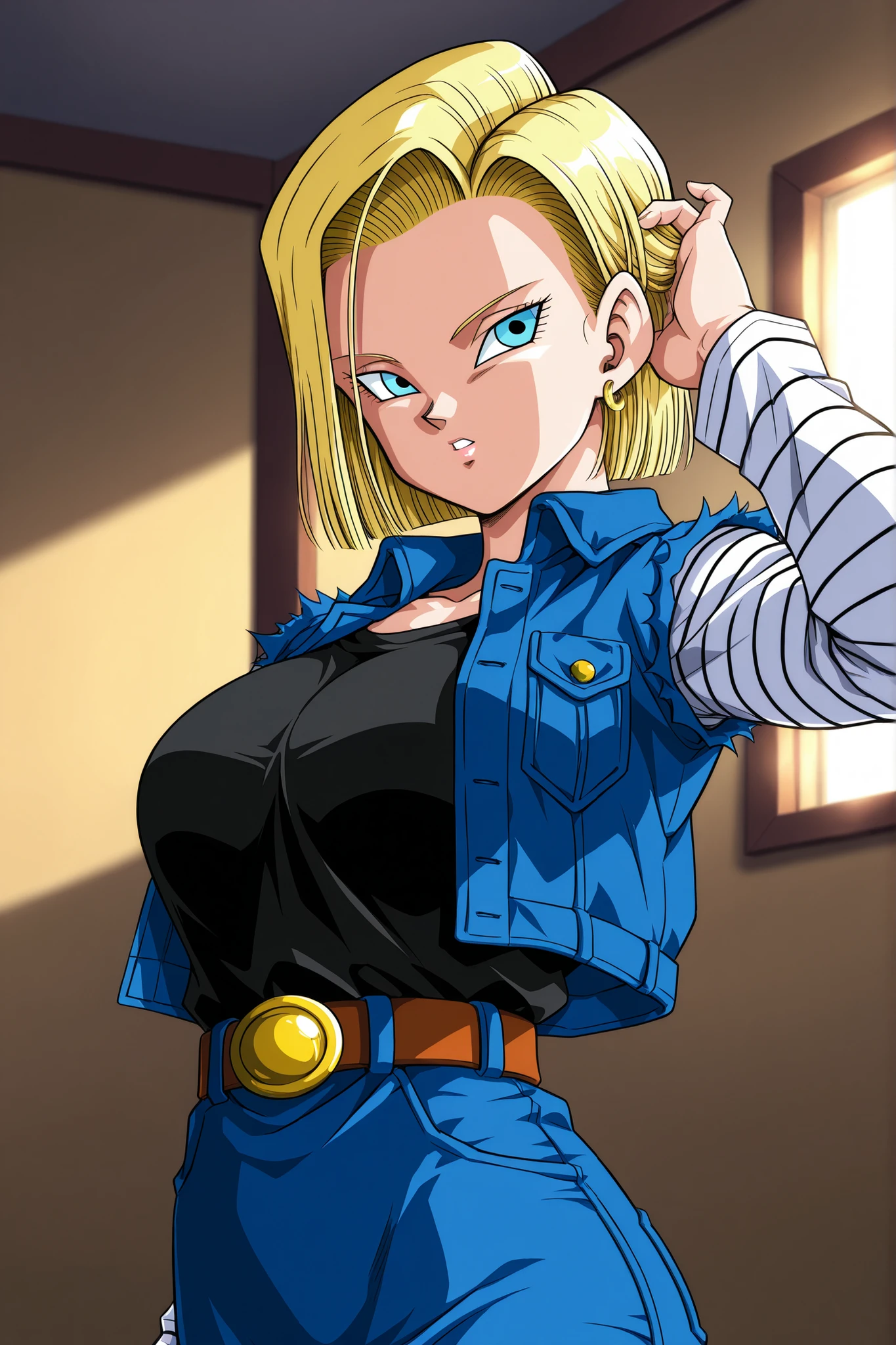 Android 18 (Dragon Ball Z), Big Breasts, Android 18, ZZ Android 18 , blue eyes, golden hair, short hair, jacket, denim , denim jacket, black top underneath, jewelry, earrings, long sleeve, shirt, skirt for ears, belt, stripes, upper body, stares at viewers, masterpiece, best quality, great quality, very aesthetic, high resolution, ultra detail, abyss dress, newest, 1 female, solo, chest, Butt, Thighs, deep, before tilting, viewers, parted lips, (mottled sunlight:1.2), rimlight, Dutch Angle, Portraits, Face Focus, head focus, close-up, emphasizes high quality fabrics, lips, photorealistic details, detailed eyes, detail hair , detailed face, depth of field, Volume Lighting,score_9, score_8_up, score_7_up, score_6_up, score_5_up, score_4_up, digital illustration , Anime Style 、masterpiece, best quality, great quality, high resolution, very aesthetic, high resolution, Super Detail, perfect detail, official art、Mature Woman、pull up hair