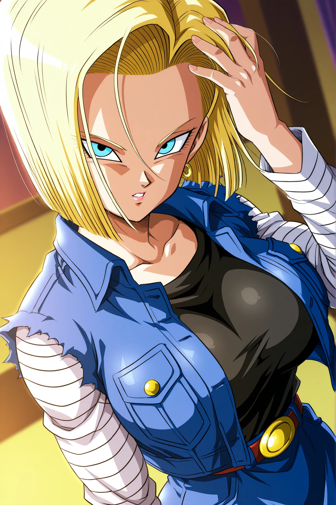 Android 18 (Dragon Ball Z), Big Breasts, Android 18, ZZ Android 18 , blue eyes, golden hair, short hair, jacket, denim , denim jacket, black top underneath, jewelry, earrings, long sleeve, shirt, skirt for ears, belt, stripes, upper body, stares at viewers, masterpiece, best quality, great quality, very aesthetic, high resolution, ultra detail, abyss dress, newest, 1 female, solo, chest, Butt, Thighs, deep, before tilting, viewers, parted lips, (mottled sunlight:1.2), rimlight, Dutch Angle, Portraits, Face Focus, head focus, close-up, emphasizes high quality fabrics, lips, photorealistic details, detailed eyes, detail hair , detailed face, depth of field, Volume Lighting,score_9, score_8_up, score_7_up, score_6_up, score_5_up, score_4_up, digital illustration , Anime Style 、masterpiece, best quality, great quality, high resolution, very aesthetic, high resolution, Super Detail, perfect detail, official art、Mature Woman、pull up hair
