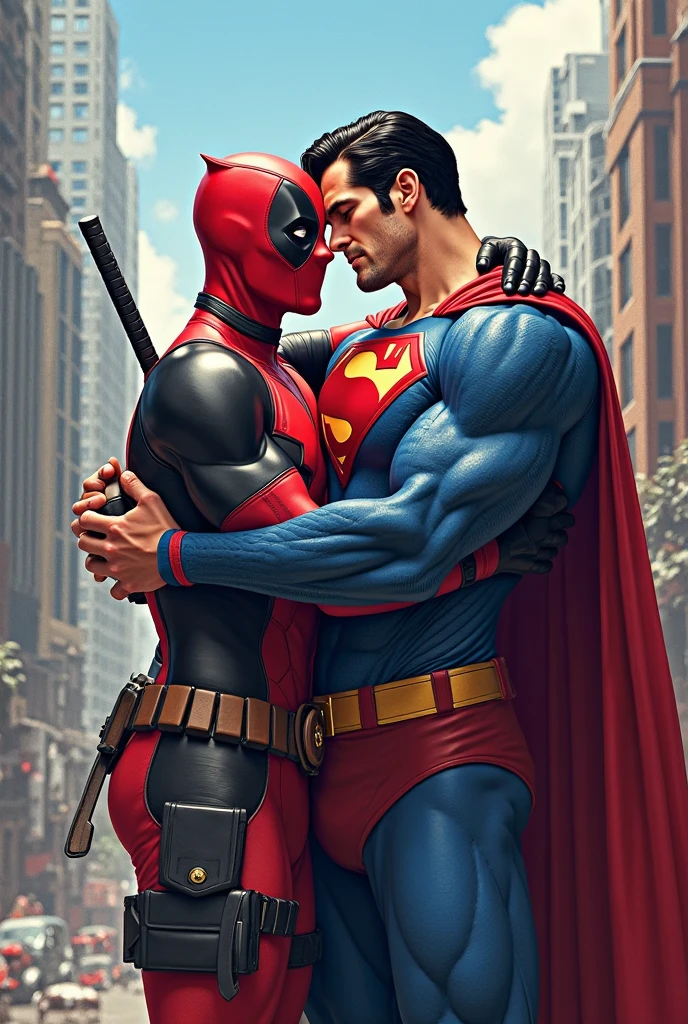Superman and Deadpool naked, sweaty, and mutually masturbating.