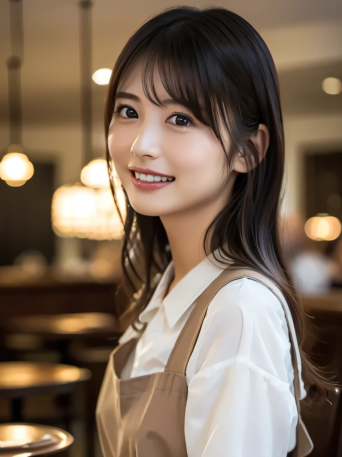 (best quality、Table Top、8k、best image quality、超A high resolution:1.5, (Photorealistic:1.4),masterpiece:1.2,(top-quality:1.4)、Raw photo)、Woman working at a cafe、The perfect brown apron、A classy shirt and apron、(highlight your body line:1.1)、portrait of a beautiful woman、most elegant and cozy cafe、The most natural cafe, Perfectly organized、Most Ambient Warm Lighting、stylish and elegant cafe、 Strongly blurred background 、 look at me and laugh、super high resolution perfect and beautiful teeth、Ultra HD beautiful face、ultra HD hair、Ultra HD The Shining Eyes、The Shining, Super High Quality Beautiful Skin 、Super High Quality Glossy Lips 1 Beautiful Girl、Japanese idols、30 years old、are beautiful in every detail and have an eye for detail、detailed face、beautiful skin、slender、Surimi Waist、thin legs、 Glamorous Hairstyles :1.3、cafe clerk 、smile:1.2、、1a japanese girl、Cute、 (RAW Photo:1.2), (photorealistic:1.4), beautiful detailed girl surrounded by thugs, Very Well Detailed Eyes and Face