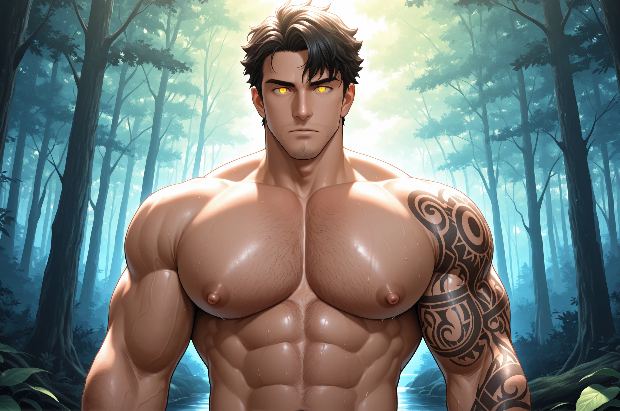 A mais alta qualidade de imagem, 8k, ultra-detalhado, Tanned skin glows in the sunlight filtered through the tree foliage, corpo musculoso, displays strength and virility while lying on the grass completely naked, full of confidence with his big erect cock , grande ereto entre as pernas, a lot of cum in his chest , cabelos castanho avermelhados caem despretensiosamente sobre seus ombros largos, membro pulsante se destaca com seu tamanho impressionante, pronto para proporcionar prazer intenso e profundo, His eyes are attractive