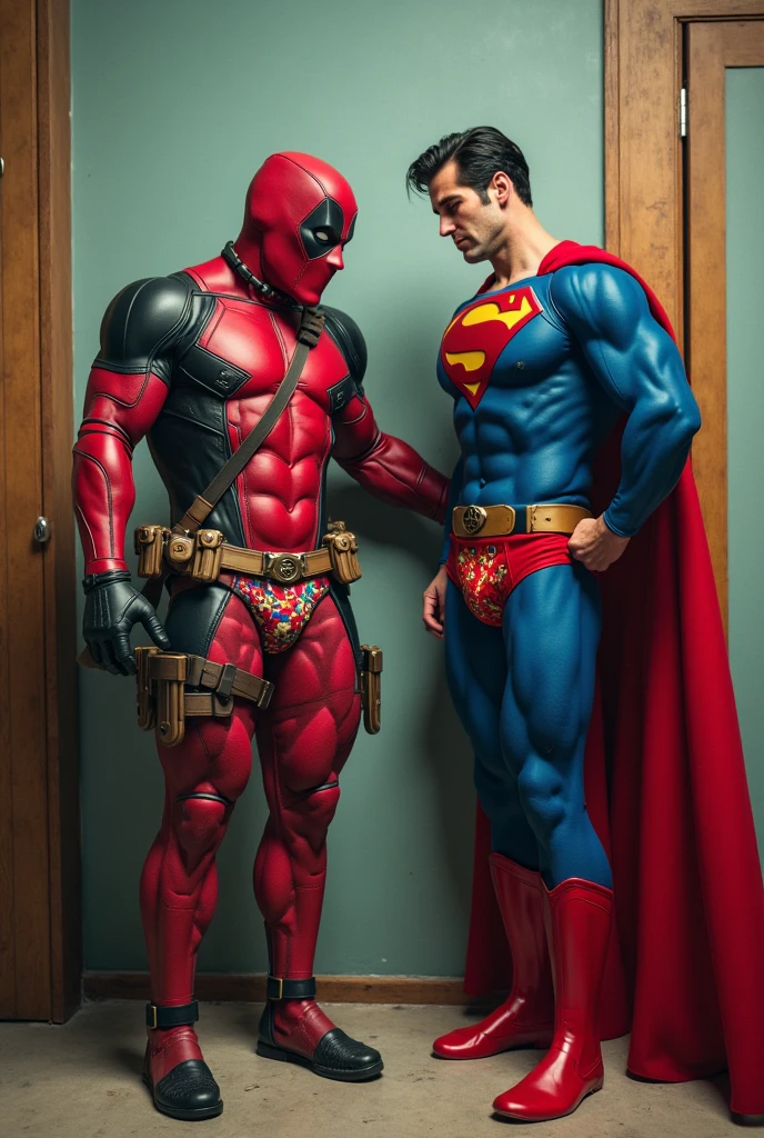 score_9, score_8_up, score_7_up, score_6_up, score_5_up, score_4_up , bara,2men,gay,photo realistic,age difference,
Alfred (tuxedo, butler, intelligent, gentlemanly, slim, 68years old, Batman costume folded and hanging on his arm) is hugged and French kissed by Batman (hairy, muscular, tall, body covered with old scars, naked with erection and white briefs) wearing only a mask, shower room