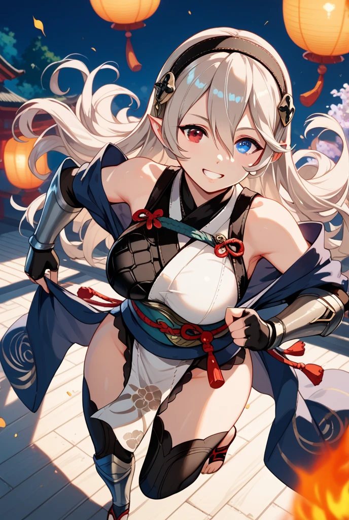 (holding a Japanese-style fan)、(red cat eyes)、Solo,Silver hair、(twin tail hair:1.5)、(ONI horns)、girl with horns、(SAMURAI),High Leg Armor、(((Japanese armor)))、(((Fishnet tights)))、cleavage、big breasts、 ferocious smile,open your mouth and laugh、fang、Japanese shrines、torii、sunset time