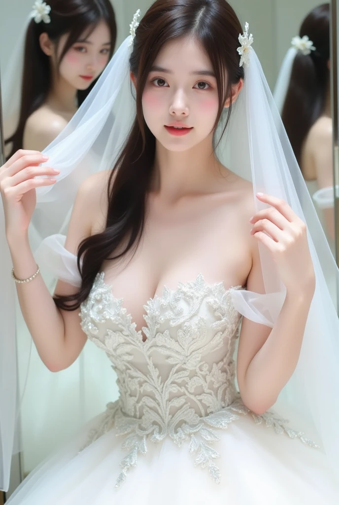 1 girl, smile, shiny skin, delicate face, best quality, masterpiece, (realistic: 1.4), wedding dress, random hairstyle, perfect figure, big breasts, princess