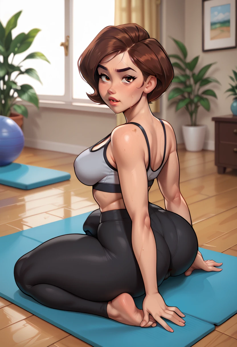 1girl, glasses, pouty lips, She's doing crunches, like disney Cartoon, she's sweaty, six pack, abdomen, black sport shorts, black sport top, muscles, white tennis shoes, working out, lying on the floor, pixar, 3d, disney, full body