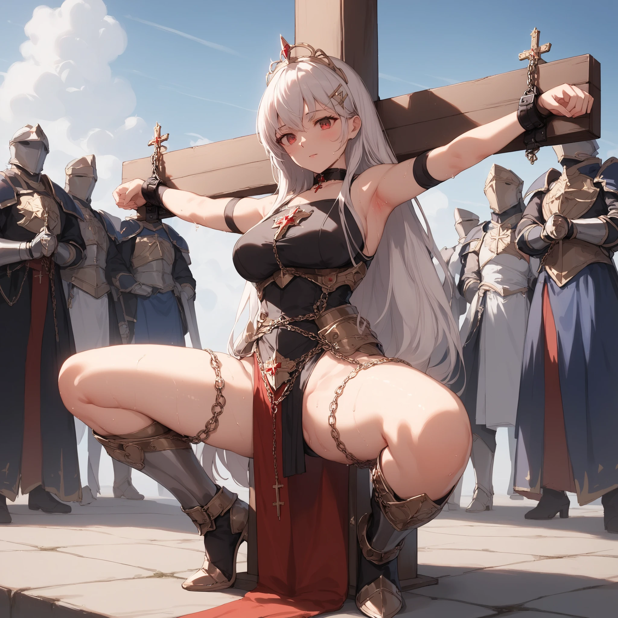 ((best quality)), ((masterpiece)), (detailed), perfect face, SOLO, ((1 GIRL)), ANIME, beautiful detailed eyes, long straight hair, white hair, RED EYES, (((black High leg bodysuit)), (((black breastplate))), Choker, shame, sweaty body, sweat, hairclip, shining eyes, ((black partial armor)), ((princess knight)), tiara, loser, (black Pauldrons), (black Shin guards), sleeveless, (black vambrace), ((crucifixion)), outdoor, bondage, ((thigh chain), spread legs, squat, spread arms,