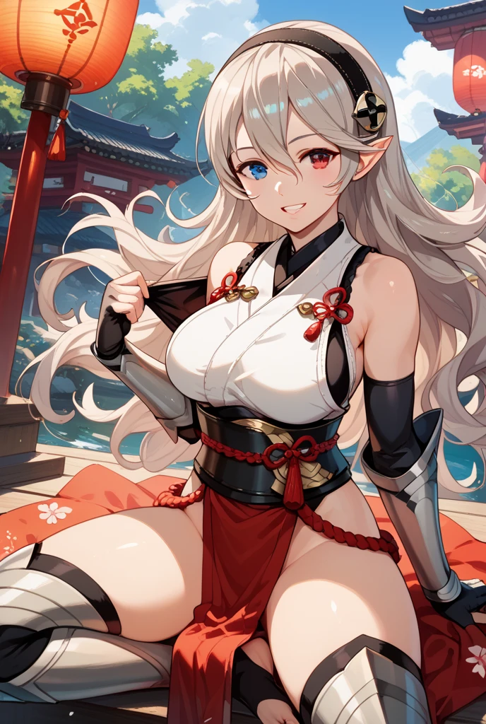 lighting like a movie、top-quality、Female braves、a smile、Armor of Heroes、Small white panties、squatting and spread legs、Chengxia Street、full of sweat、