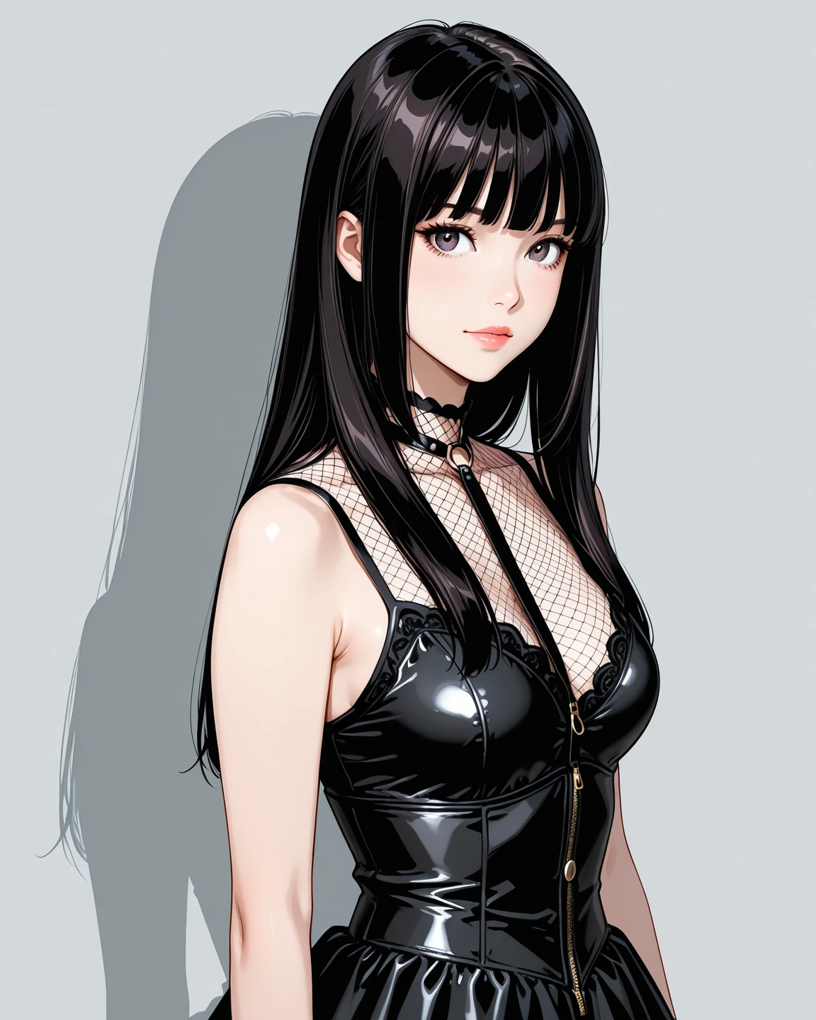 masterpiece,stunning realistic,best quality,sharpness,sharp face,smil，Rot im Gesicht sein，Photo of the upper body
black long hair，purple eyes,big ,tanktop,cargopants with many pockets,black cloak,silver necklace,silver chain,black gloves