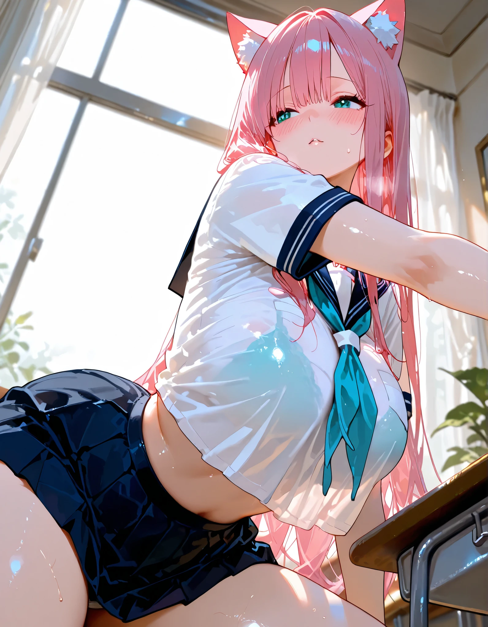 Beautiful illustration、top-quality、Cute little girl s、Bedroom、A pink-haired、length hair、(((Pink pleated skirt)))、(((pink sailor suit)))、shortsleeves、Colossal tits、a navel、Flipping up the skirt with your hands、Show white panties、Pull up your skirt and show your panties、bare-legged、blue eyess、on the beds、lovely thighs、glowing thigh
