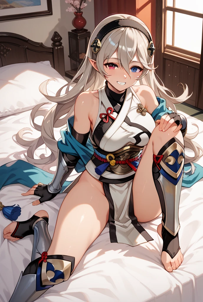 micaiah fe, 1girl, solo, looking at viewer, sitting, seiza, on bed, seductive smile, dress, bare shoulders, ribbon, pantyhose, gloves, belt, blue scarf, sleeveless, gloves, thick thighs