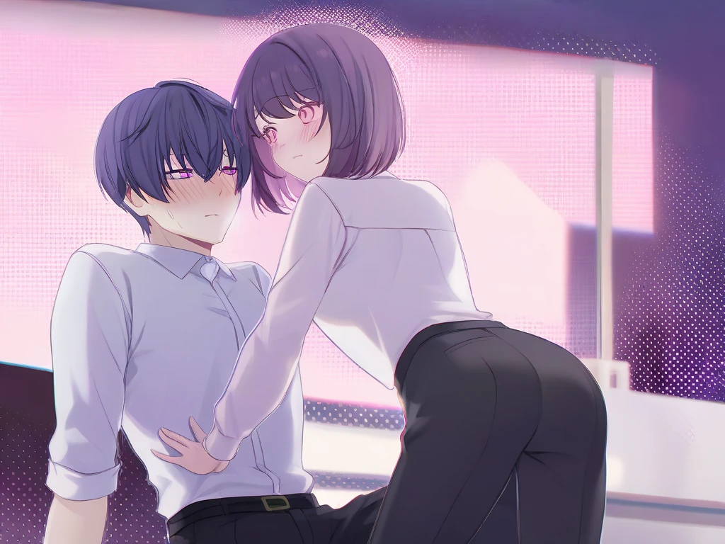 Standing, caught, green eyes, glasses, wearing a hot pink polo shirt, Black trousers, Adult female, The exact number of fingers、 Exact number of legs、Exact number of arms、, Short hair Black hair, (blush:1), (Small breasts:1),highest quality, High resolution,Highly detailed face, Extremely detailed CG, (Perfect hands, Perfect Anatomy),Hospital Examination room Dynamic angle Naughty face Kissing French kiss Lots of drool