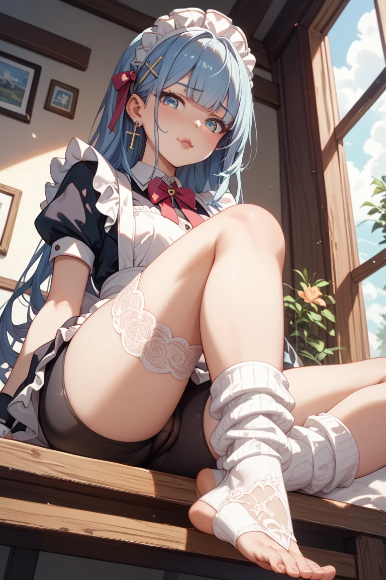 Blue long hair girl with blue eyes have blue cat ears 2 blue wings 1 cat tails have black collar with golden bell wearing blue shoulderl less and blue skirt white long socks no shoes have a leather leash tie both of hands in front and have black leash attach to collar and link to a wooden fence and have bone bite in middle of mouth also sitting down on grass floor