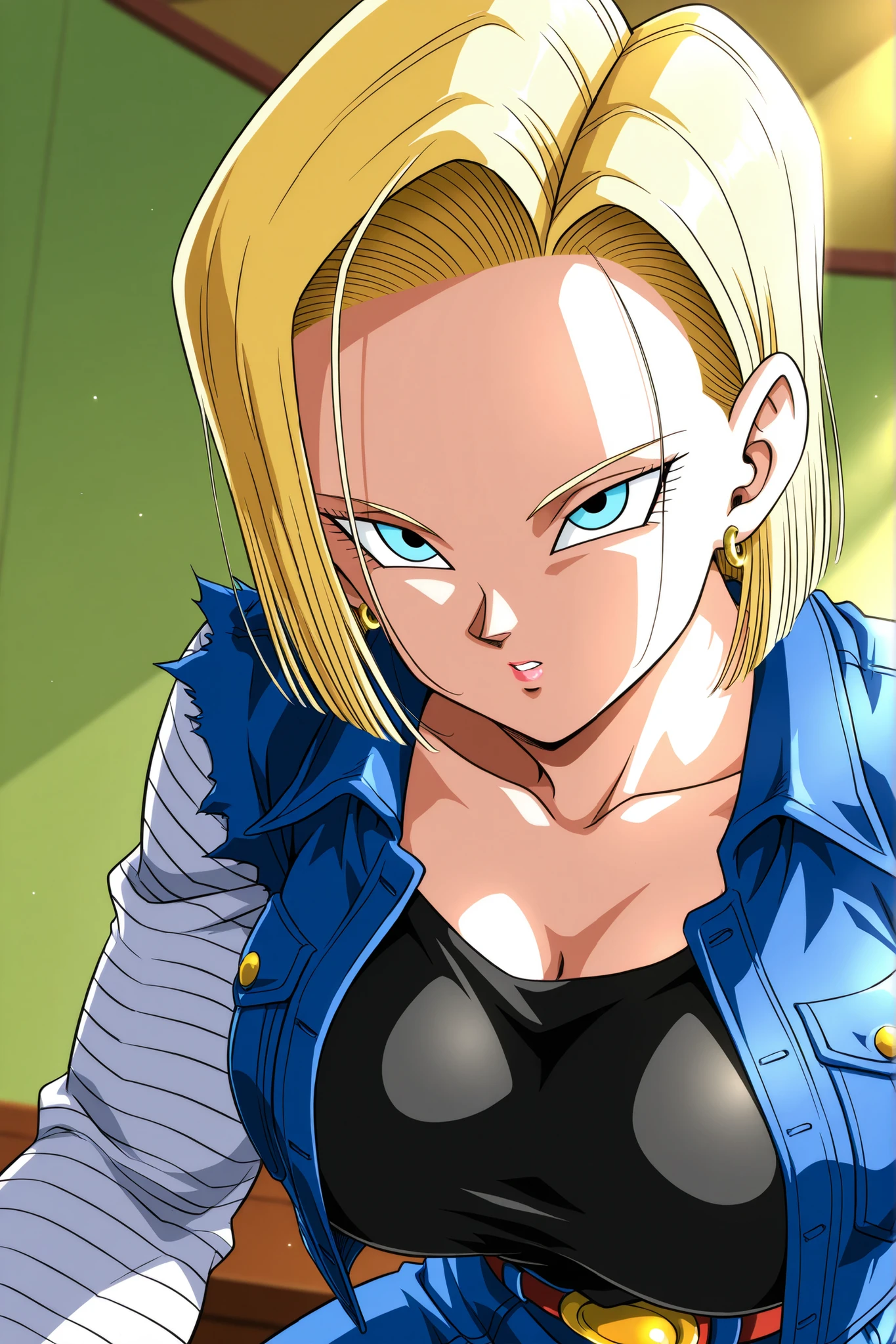Android 18 (Dragon Ball Z), Big Breasts, Android 18, ZZ Android 18 , blue eyes, golden hair, short hair, jacket, denim , denim jacket, black top underneath, jewelry, earrings, long sleeve, shirt, skirt for ears, belt, stripes, upper body, stares at viewers, masterpiece, best quality, great quality, very aesthetic, high resolution, ultra detail, abyss dress, newest, 1 female, solo, chest, Butt, Thighs, deep, before tilting, viewers, parted lips, (mottled sunlight:1.2), rimlight, Dutch Angle, Portraits, Face Focus, head focus, close-up, emphasizes high quality fabrics, lips, photorealistic details, detailed eyes, detail hair , detailed face, depth of field, Volume Lighting,score_9, score_8_up, score_7_up, score_6_up, score_5_up, score_4_up, digital illustration , Anime Style 、masterpiece, best quality, great quality, high resolution, very aesthetic, high resolution, Super Detail, perfect detail, official art、Mature Woman、pull up hair、chest谷間