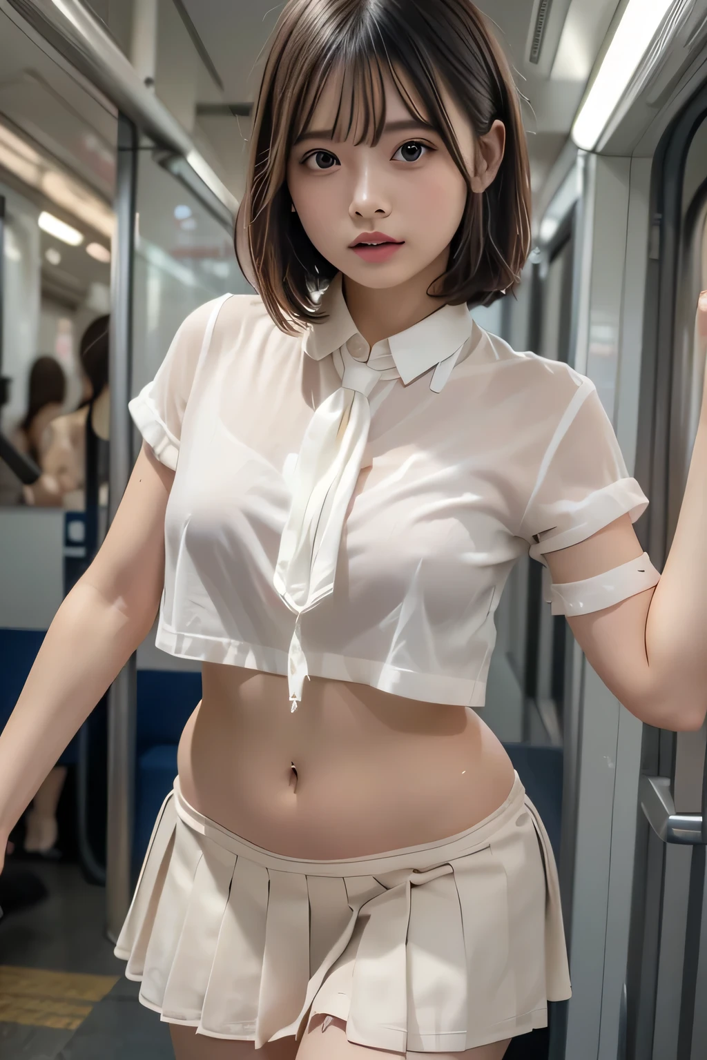 a closeup, masterpiece, top-quality, FULL ANATOMY、Raw foto, Photorealsitic, faces, unbelievable Ridiculous, beautiful a girl, cute little, shorth hair, White underwear、depth of fields, hight resolution, ultra-detailliert, finely detail, ighly detailed, extremely detailed eye and face, Realistic pupils, foco nítido, Cinematic lighting、flat breast、tiny chest、small tits、(Petite bust:1.2)、Petite bust、 (Slimed、small tit、flat boobs、small tit)、 Delicate and sexy collarbone、Deep chest、a 20 yo woman、Sexual facial expressions、sexy pose、 (Panties are visible)、 Wet body、Blushing、Sweating、Very sexy see-through area small Akihabara maid wearing clothes、Very embarrassed look、The face is bright red、On the train、Large crowds、short-hair、Straight bob hair、Shorthair with bangs、A smile、Schoolgirl Uniform、Panties are visible from the skirt、Very detailed 8k wallpaper、Sheer white shirt、Navy blue ribbon at the collar、Dark blue pleated micro mini、Show me your whole body、Plump panties、White Sox、Lift the hem of the skirt、Lift the hem of the skirt to your stomach with both hands、Lift the hem of the skirt yourself,、Showing her panties to the camera、is standing、