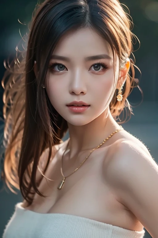 Masterpiece, Best quality, Photorealistic, Ultra-detailed, finedetail, high resolution, 8K wallpaper, 1 beautiful woman, Wear casual business attire, In excellent restaurant, At night, Light brown messy hair, Perfect dynamic composition, Beautiful detailed eyes