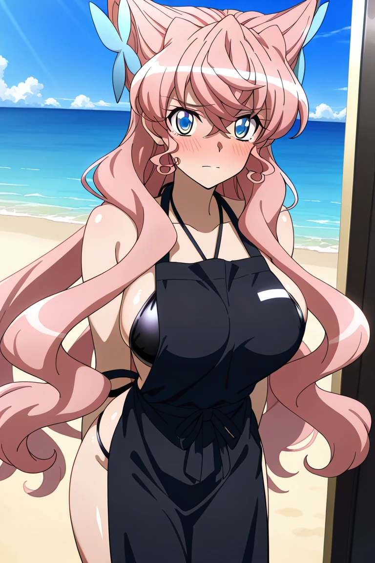 Nsfw,Hayatakagi, Hajime Takagi, Long hair, bow ribbon, (Twin-tailed:1.3), (Brown eyes:1.5), Hair Ribbon, Pink hair, (eye glasses:1.3),,(looking at the viewers:1.3),BREAK (masutepiece:1.2), Best Quality, High resolution, Unity 8k Wallpaper, (Illustration:0.8), (Beautiful detailed eyes:1.6), extra detailed face, Perfect Lighting, extremely details CG, (Perfect hands, Perfect Anatomy),(the beach:1.3),Naughty big、thighs thighs thighs thighs、solo, super micro small and tight transparent lace lingerie, half naked, very big breast, detailed nipples, deep cameltoe, barely spread legs, caderas anchas, extra small bra, g string, stripes translucent stockings