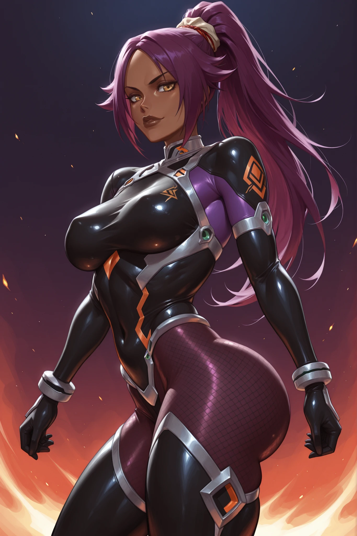 master piece, high quality, 4k uhd,hires, Yoruichi Shihouin, purple and orange armored taimanin bodysuit, armored bodysuit, thick thighs, mesh ass, mesh sides,mesh thighs , thick brown lips, medium chest