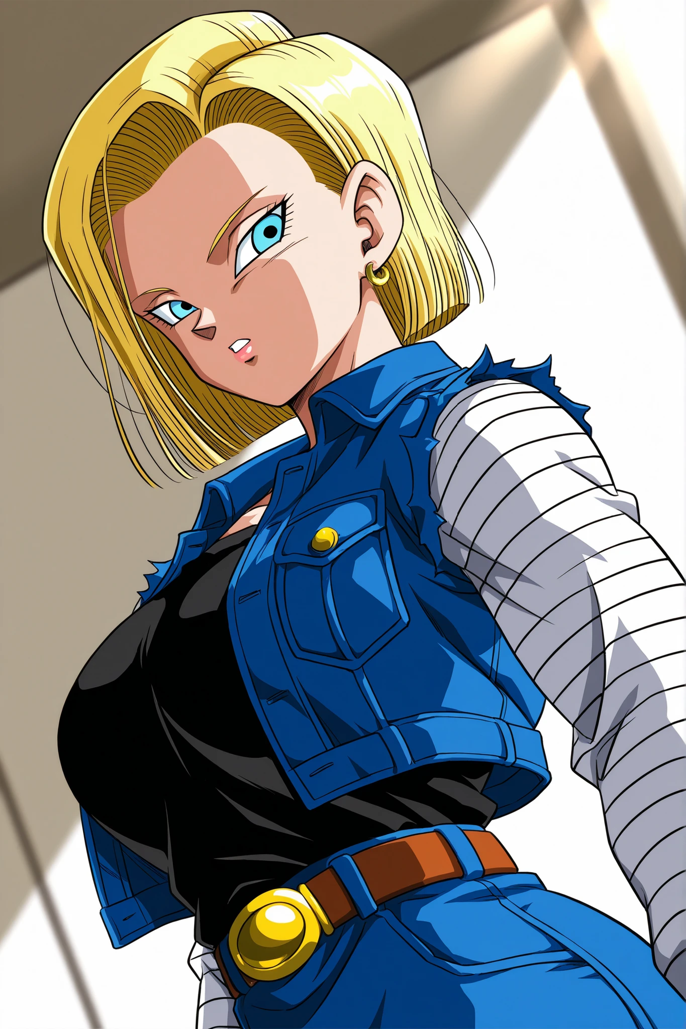 Android 18 (Dragon Ball Z), Big Breasts, Android 18, ZZ Android 18 , blue eyes, golden hair, short hair, jacket, denim , denim jacket, black top underneath, jewelry, earrings, long sleeve, shirt, skirt for ears, belt, stripes, upper body, stares at viewers, masterpiece, best quality, great quality, very aesthetic, high resolution, ultra detail, abyss dress, newest, 1 female, solo, chest, Butt, Thighs, deep, before tilting, viewers, parted lips, (mottled sunlight:1.2), rimlight, Dutch Angle, Portraits, Face Focus, head focus, close-up, emphasizes high quality fabrics, lips, photorealistic details, detailed eyes, detail hair , detailed face, depth of field, Volume Lighting,score_9, score_8_up, score_7_up, score_6_up, score_5_up, score_4_up, digital illustration , Anime Style 、masterpiece, best quality, great quality, high resolution, very aesthetic, high resolution, Super Detail, perfect detail, official art、Mature Woman、pull up hair、chest谷間、low angle