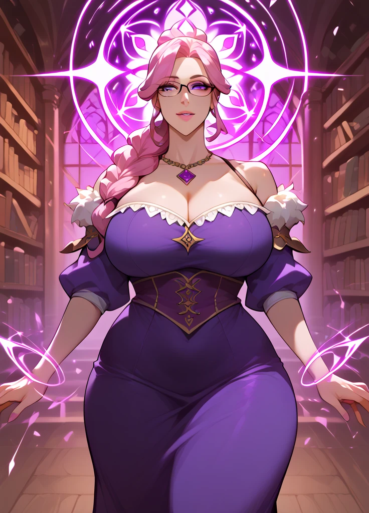 Masterpiece, Best Quality, (((Solo mature woman Janet))), (((platinum blonde hair))), very long braided Ponytail, (((wide hips))), (((light blue eyes))), full lips, seductive smile, cleavage, (((kneeling with silk pillows))), (((bookshelves, candles))) sunset, blushing, , "beautiful mature face" , age30 , MILF , adult ((purple open kimono with detailed patterns of gold)), bare shoulder, ((Sexual suggestiveness)), perfect beautiful eyes, detailed eyes. thick lips, ((huge boobs)), (Thick thighs), top down, looking down, (((shiny oiled skin))), (((chubby))), (((crystal Ball)), (((jewelry))), purple gold kimono, hair covering face