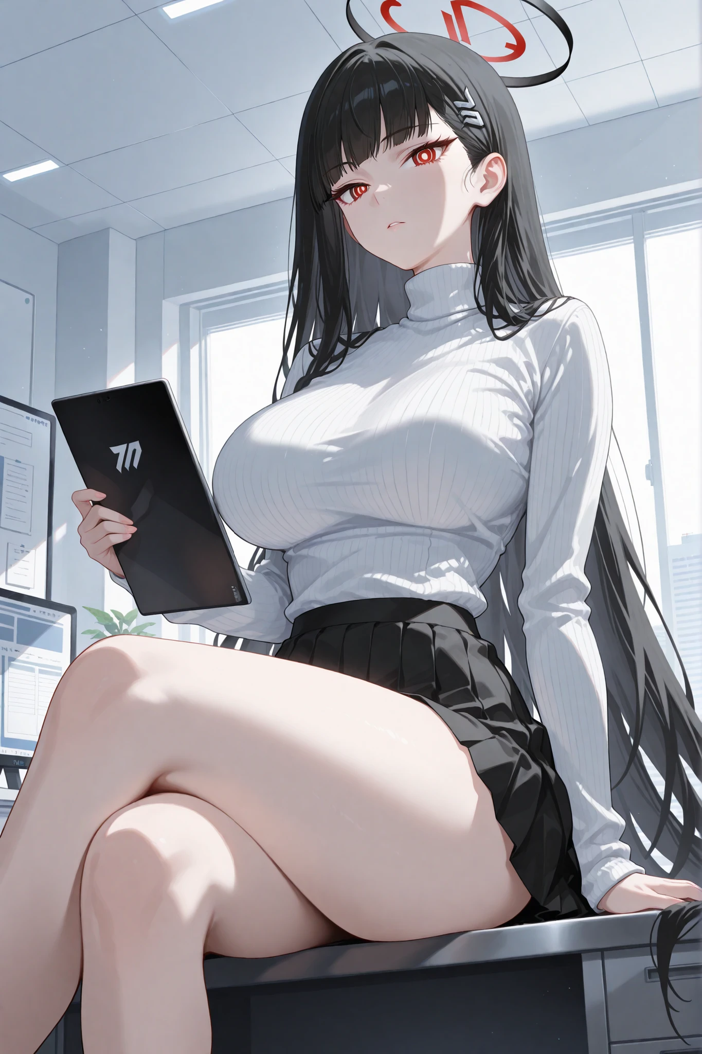 masterpiece, best quality, amazing quality, newest, very aesthetic, 1girl, rio \(blue archive\), ringed eyes, white pupils, large breasts, white sweater, turtleneck, black skirt, sitting on desk, crossed legs, holding tablet PC, office, indoors, depth of field, soft lighting, soft shadows, absurdres, highres