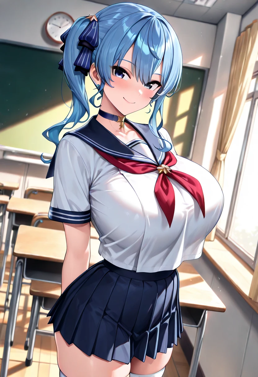 ((((masterpiece, best quality, high resolution)))), Extremely detailed 8K, Beautiful girl with voluptuous body, (Ultra HD, Ultra-detailed, Highly detailed, Highly realistic, Ultra-realistic, photograph realistic), (1girl:1.5), (Realistic blue hair), (short wavy hair, hair ornaments, earrings), (dynamic poses), facing at camera, looking at viewer, (blushing red, embarrassed, smile), (blue eyes, sharp eyes), (big perky breasts:1.2), (beautiful detailed face, beautiful detailed eyes), ((sailor fuku uniform, red ribbon, blue plated skirt)), (standing up), sweat, glow, (sunbeam, sunlight), ((cowboy shot)), classroom, seductive