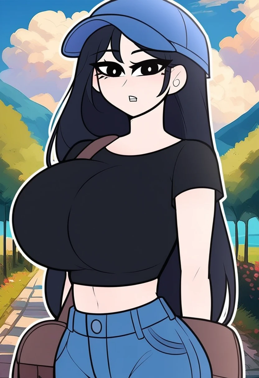 (best quality), (masterpiece), 1 girl, early 20's, huge heavy breasts, busty, massive breasts, thick, thick lips, wide hips, thin waist, heather tdi, crop top, red shirt, bare shoulders, sleeveless, o-ring top, o-ring, criss-cross halter, green shorts, short shorts, cargo shorts, black belt, long black hair