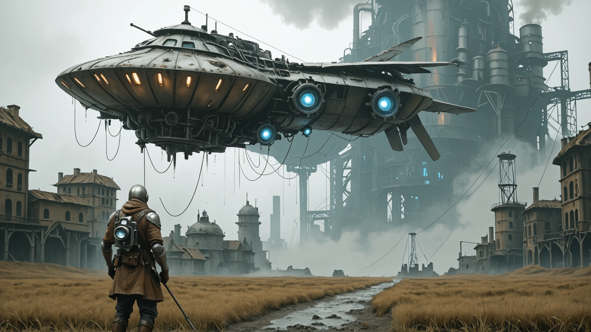A biomechanical humanoid figure stands alone in a vast grassland, seen from behind in a cinematic third-person view, camera low and slightly angled to the right. The character has a sleek, muscular body made entirely of matte silver-like metal, without armor or clothing—similar to the Silver Surfer or Dr. Manhattan, with no visible genitals but a distinctly male physiology. His body is detailed with elegant, vine-like elven engravings from torso to legs. Subtle gaps in the metal follow the shape of human musculature. The surface is worn, with scars, scratches, and signs of battle. His left wing is intact—grand, metallic, and majestic—while the right wing is missing, revealing a glowing wound that drips faint, luminous blue fluid like alien blood. His glowing blue eyes, though partially obscured, carry a sense of sorrow and resilience.
In the far distance lies a massive steampunk city, visible through thick industrial smog and layers of pollution mist. The air above the city is filled with smoke from towering chimneys, and the structures are shrouded in a grey-brown haze. Floating vehicles and monolithic buildings loom through the fog, giving the city a suffocating, dystopian presence. The contrast between the clean, windy grassland and the choking smog of the city intensifies the feeling of alienation and melancholy. The lighting is soft dusk with a golden tint, wind gently moving the grass. Dark fantasy, semi-realistic painting style, cinematic low-angle framing.