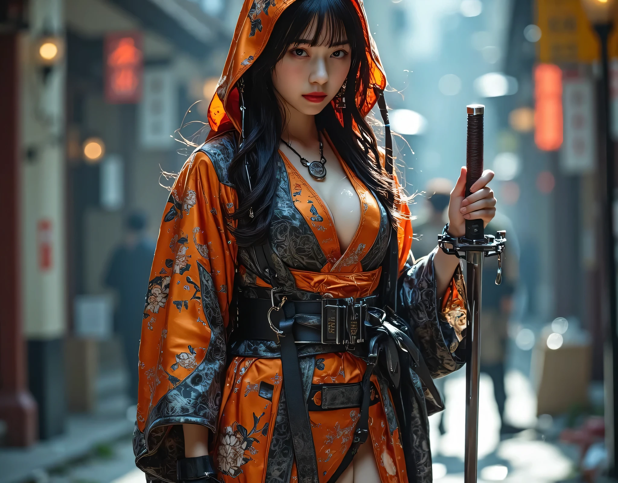 8K, Raw photo, Photorealistic, Realistic, (Detailed skin, Best Quality:1.2), ((Ainu costume, Black Long Hair:1.4, short bangs)), Japanese woman at night, (Fairer skin, skinny body), (strong facial expression, sharp eyes, Confidence and strength on, glare at viewer:1.1), (Foggy forest at night:1.3), Sitting on the Rock, mystic light