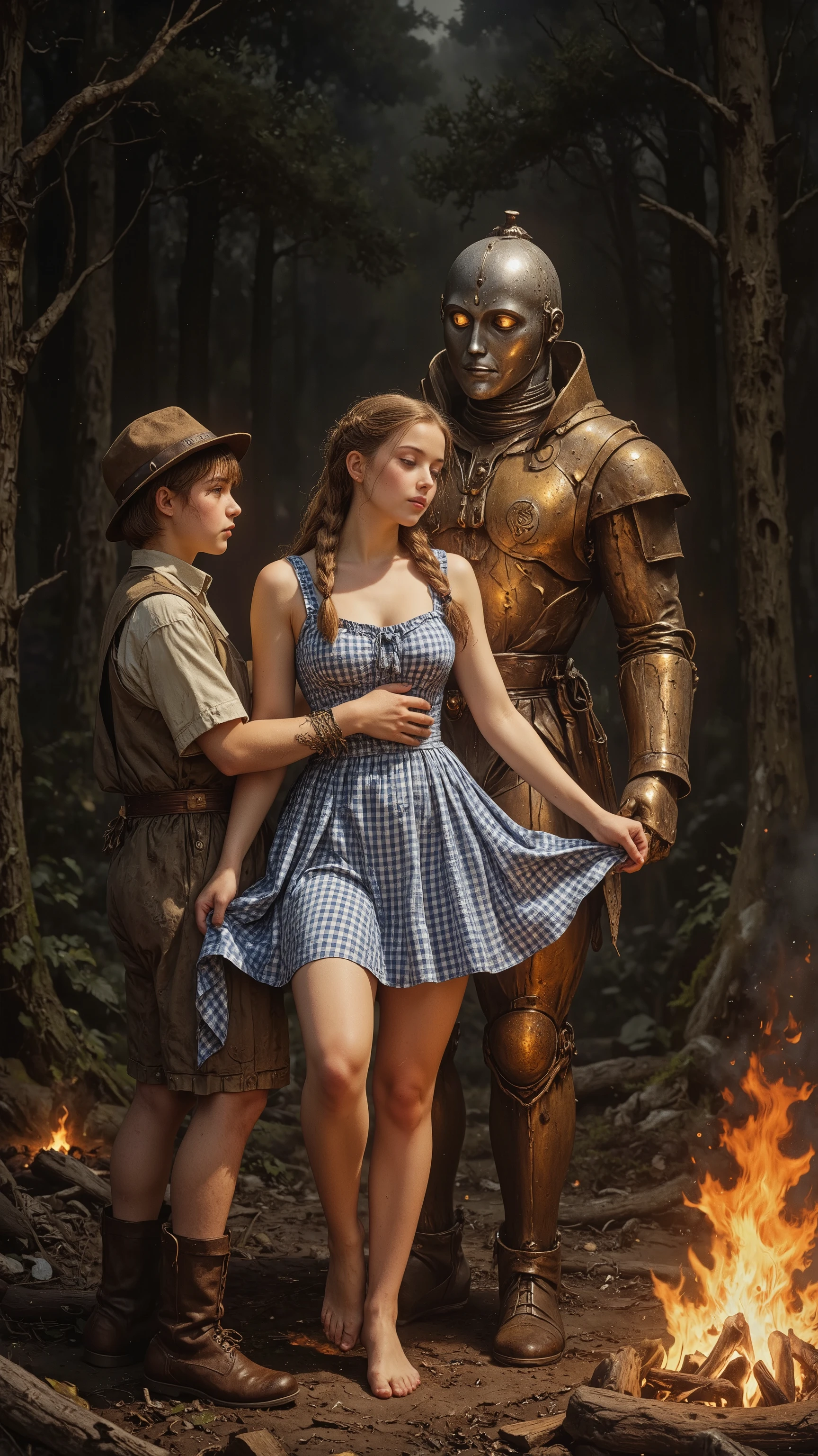 The Tin Woodman became Dorothy's pimp,
antqgldnCE style,
nsfw,
for Adult,
Photorealism,
((A scene from a live-action movie)),
Incredibly detailed,
19th century photo, antique photo, sepia toned photo,
Dorothy is naked,
Dorothy has long hair in a braid,
The Tin Woodman is taking off Dorothy's dress,
Dorothy has her long hair in braids,
Dorothy is wearing only a short, blue and white gingham sleeveless, collarless pinafore dress,
Dorothy is wearing nothing else,
Dorothy has no blouse,
Dorothy's shoulders are bare,
Dorothy's cleavage is visible,
Dorothy is barefoot,
Dorothy is voluptuous despite being very young,
Dorothy and the Tin Woodman and the Scarecrow and the Cowardly Lion are camping in the forest under a big tree,
At night, the forest is pitch black and the only light is from a bonfire,
The Tin Woodman and the Cowardly Lion are twice as tall as Dorothy,