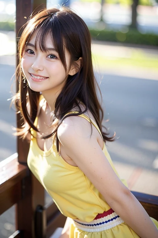Female Japanese sitting on café terrace, Elegant, long curly hair, turn, off shoulders, large round eyes, Sunlight, with round face, Wide Double Width, Crisp double, With bangs, Brown eyes, narrow forehead, a baby face, Tear bag, smile, Large front teeth are slightly visible, long skirt,