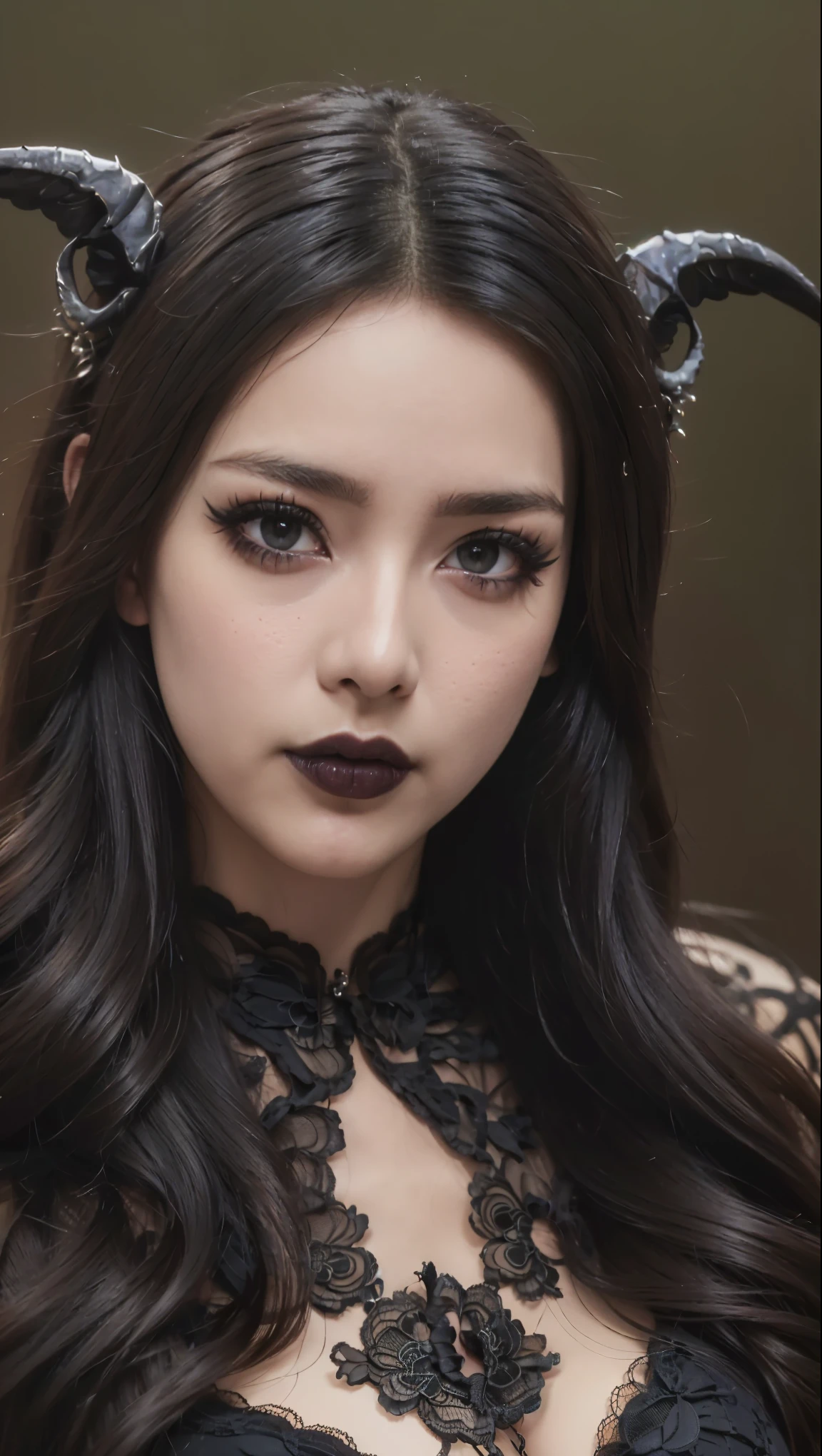 irishuo,1girl,solo,realistic,8k,highres,(perfect face:2),perfect eyes,perfect body,ultra detailed face,looking at viewer,large breasts,massive ,cleavage,closed mouth,closed lips,black make up,black eyeliner, black eyeshadow,black eyelash,black lips