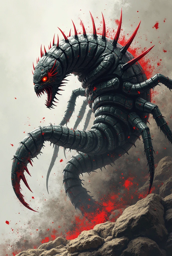 (Gore), Godzilla is defeated, his face and body covered in wounds, blood gushing out, he falls on his back and dies.