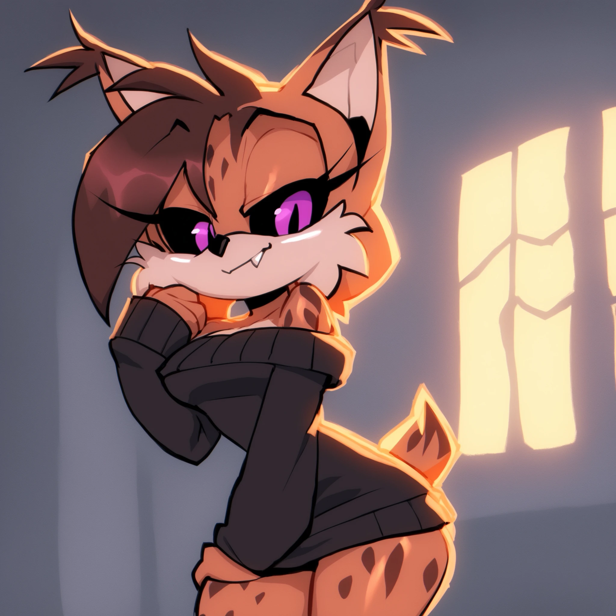 lynx, bigdad/character, (Mobian), similar to Nicole the Lynx, darkish brown fur, purple eyes, ((black sclera)), faint eye glow, female, fuzzy muzzle, spooky gray sweater, off shoulder, long sleeves, sweater dress, fuzzy ears, darkish brown hair with black tips, black tipped ears, fuzzy fur, long hair, hair bangs, Lynx tail, smile, single fang, slim, young adult, medium breasts, solo, spooky pose, slight dress tears, darkish bedroom, indoors, possessed, Sonic OC